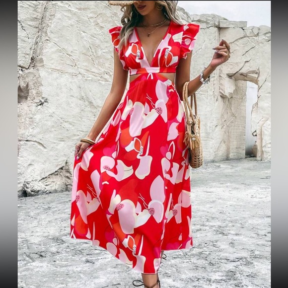 Boho Abstract Geo Print Cut Out Deep V -Neck Dress RED - Picture 4 of 4